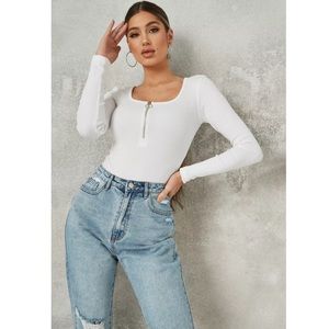 Missguided White Zip Front Ribbed Bodysuit